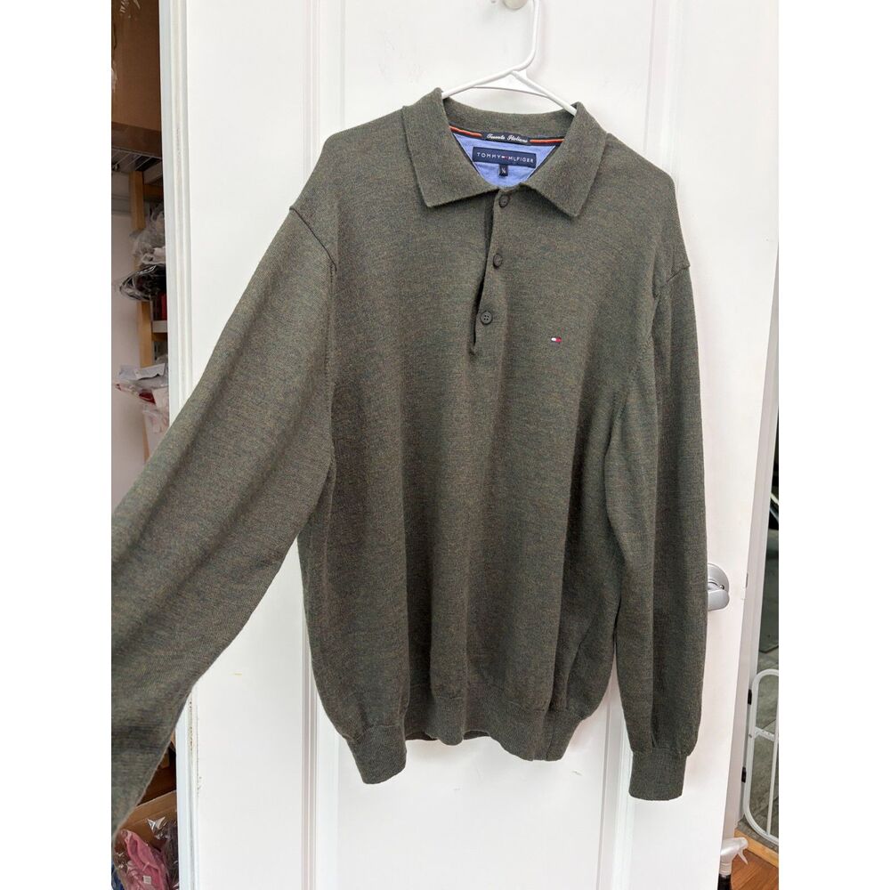 Tommy Hilfiger 100% Virgin Woolmark Mens L Polo Sweater Green Italian Fabric